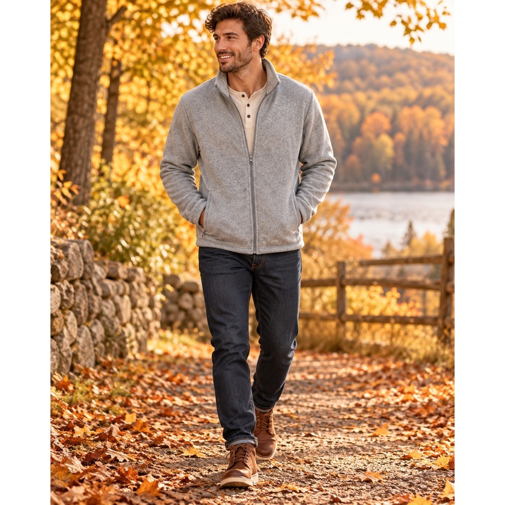 Mens Large Gray Fleece Jacket Full Zip Outdoor Hiking Fishing Camping Gorpcore